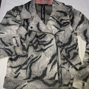 White House Black Market Tiger Animal Print Moto Jacket Denim Size 10 EUC